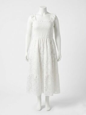 White Lace Tiered Smocked Bodice Midi Dress Cottagecore Shabby Chic Bridal 3XL